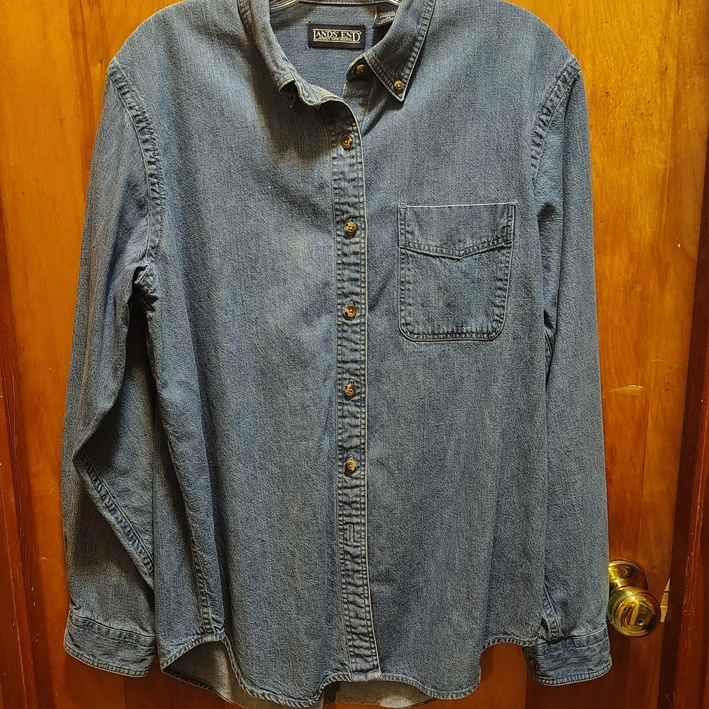 Lands' End Women's Blue Denim Button Down Shirt